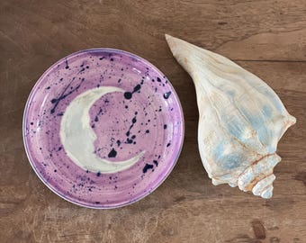 Crescent Moon Pottery Trinket Dish – Speckled Holographic Cosmic Holder