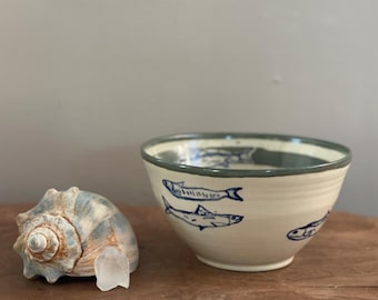Fish Sardines Wheel Thrown Pottery Bowl Handmade Serving Dish Ceramic Blue Green Striped Hand Painted