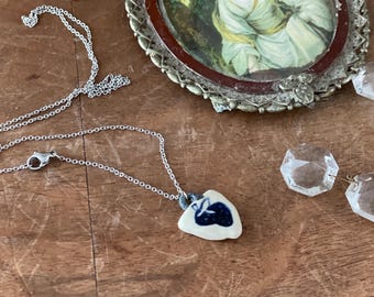 Handmade Pottery Blue Strawberry Fruit Ceramic Necklace Handcrafted Handpainted