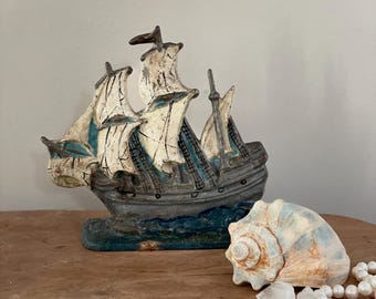 Vintage Cast Iron Galleon Ship Doorstop: Nautical Sail Boat Decor