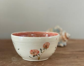 Handmade Pink Cherry Blossom Pottery Bowl, Floral Noodle Dish