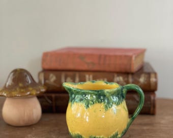 Vintage Lemon Yellow Green Majolica Pottery Creamer Pitcher