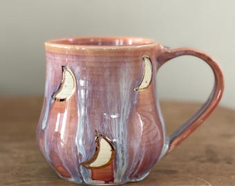 Handmade Wheel Thrown Pottery Mug – Pink Blue Purple Crescent Moons Gold  Ceramic Coffee Cup
