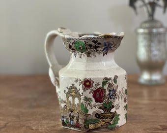 Victoria ware ironstone pitcher - Octangel shape transferware - Chinese temple oriental scene Chinoiserie - Dragon handle