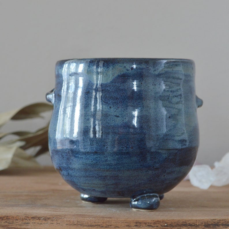 Witchy Cauldron Pottery Planter Blue with Silver Skull Design