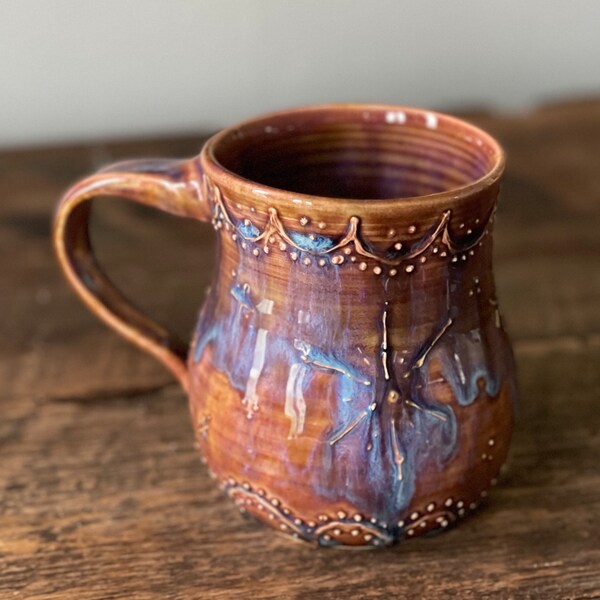 Star Celestial Mug - Handmade Ceramic Mug - Textured Raised  - Wheel Thrown Pottery - Earthy Brown Blue Purple