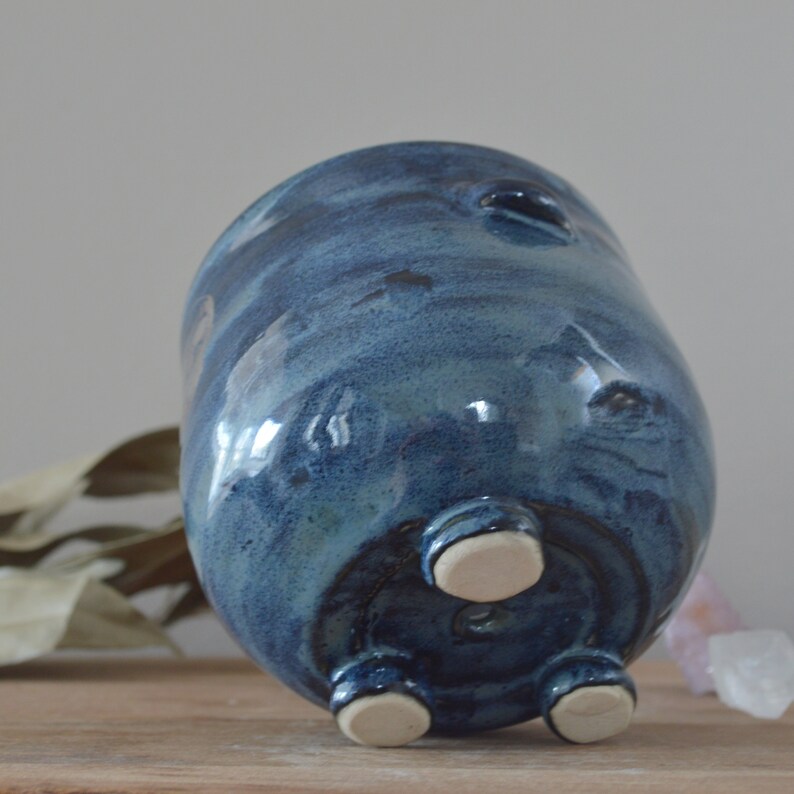 Witchy Cauldron Pottery Planter Blue with Silver Skull Design