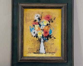 Mid Century Vintage Floral Painting Vibrant Bright Colors Framed MCM