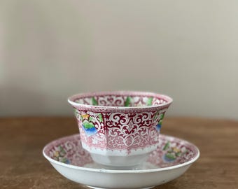 Antique Polychrome Transferware Cup Saucer Plate: Zamara Pattern, Francis Morley England