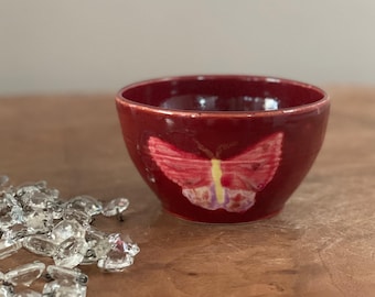 Red Butterfly Pottery Bowl - Hand Painted Ceramic Trinket Dish