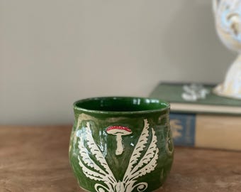 Handmade Pottery Planter, Mushroom Fern Design, Cottagecore Decor