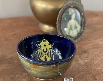 Handmade Beetle Pottery Bowl - Blue Ceramic Trinket Dish