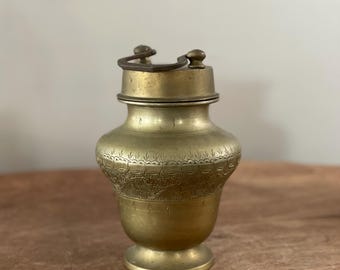 Antique Etched Indian Brass Ganga Holy Water Pot Ritual Vessel Screw Top Lid Cup