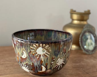 Handmade Crescent Moon Sun Pottery Bowl – Amber Brown & Green Ceramic