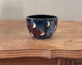 Handmade Crescent Moon Pottery Bowl – Black Red Blue Ceramic, Witchy Decor