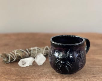 Handmade Spider Pottery Mug – Black Purple 8 oz Ceramic Espresso Cup