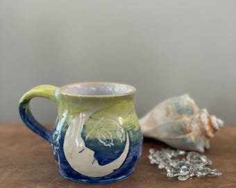 Handmade Pottery Crescent Moon Flowers Yellow Blue Ceramic Coffee Mug