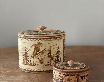 Two Birch Boxes Storage Containers Embossed Designs Ski Winter Woods Mushroom Owl Woodland