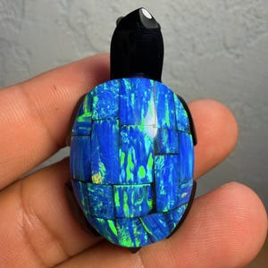 Handcrafted Solid Mexican Obsidian Turtle black lab created opal shell mosiaic design 47 x 28 x 14 mm