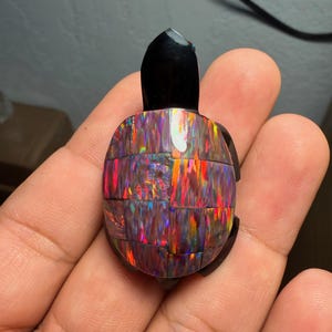 Handcrafted Solid Mexican Obsidian Turtle black lab created opal shell mosiaic design 47 x 28 x 14 mm