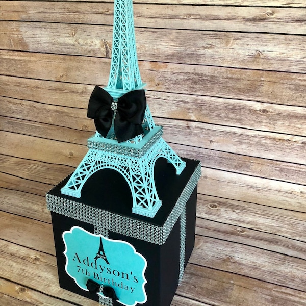Paris Eiffel Tower Centerpiece Blue with Personalized Sign & Bling, Bows for Paris Themed Birthdays, Baby Showers, Bridal Showers, Sweet 16