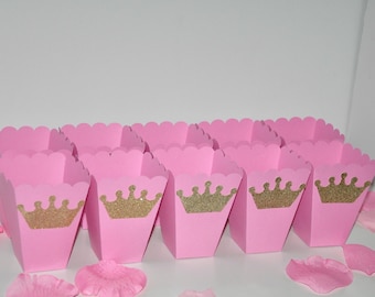 Pink & Gold Princess Crown Favor Box for Popcorn or Candy- Birthday Party, Baby Shower Royal Princess