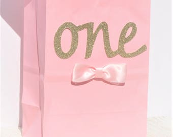 1st Birthday Party Favor Taschen - Pink & Gold Candy Leckerei Leckerli Beutel mit Schleifen für Mädchen (12er Set)