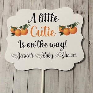 A Little Cutie is On the Way Centerpiece Pick or Cake Topper Personalized for Baby Showers, Orange Themed