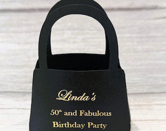Personalized Black with Gold Print 50th Birthday Purse Favors – Elegant "50 & Fabulous" Party Gift Bags Fully Assembled Set of 10