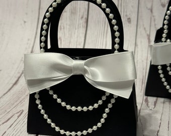 Celebratory Black and White Mini Purse Favors: Elegant Pearls & Bows - Perfect for Bridal, Baby Showers, Engagements, Sweet 16s! Set of 10