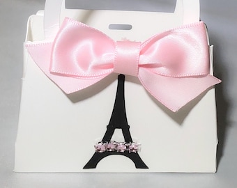 Minibolsos de recuerdo para fiesta temática de París, ideales para cumpleaños, baby showers, despedidas de soltera y quinceañeras. Juego de 10: Torre Eiffel rosa y blanca.