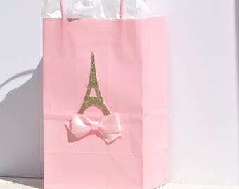 Paris Theme Party Favor Bags for Treats or Goodies Pink and Gold for Baby Showers, Birthdays, Bridal Showers Sweet 16 Eiffel  Tower Set of 1