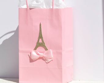 Bolsas de regalo para fiesta temática de París para golosinas o dulces en rosa y dorado para baby showers, cumpleaños, despedidas de soltera, dulces 16, Torre Eiffel, juego de 1