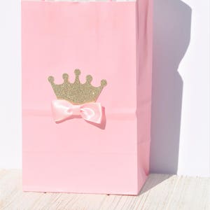 Princess Crown Favor Bag for Candy, Goodies, Treats Pink & Gold w/ Bow for Birthday Parties, Baby Showers, Princess Parties Set of 12 image 1