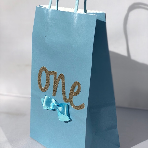 Baby Boy First Birthday Baby Blue & Gold Favor Bags Treat Bags Goody Bags Candy Bags Set of 12