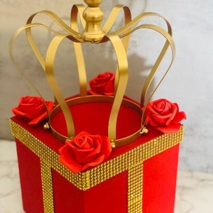 Red and Gold Royal Prince Crown Centerpiece Box 16 inches Tall with Bling Mesh for Royal Prince Baby Showers, Birthdays, Christening