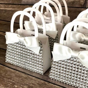 White Bling Diamond Mini Purse Favors with Bows for Baby Showers, Bridal Showers, Engagement Parties, Birthdays, Sweet 16 Set of 10
