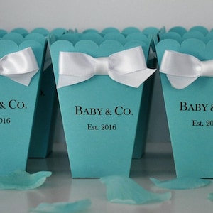 Personalized Baby & Co Favor Box- Robin Egg Color for Baby Showers, Bridal Showers, Sweet 16, Birthdays, for Popcorn or Candy Set of 10