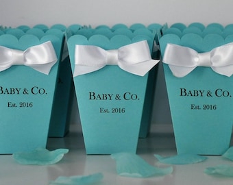 Personalized Baby & Co Favor Box- Robin Egg Color for Baby Showers, Bridal Showers, Sweet 16, Birthdays, for Popcorn or Candy Set of 10