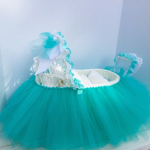 Carriage Tutu Diaper Cake Centerpiece Robins Egg Color for Baby Shower, Gift, Welcome Baby.  White Wicker, Lace, Tulle, Bows