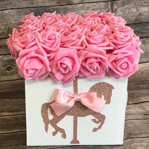 Carousel Centerpiece Box with Carousel Horse and Flowers with Bow for Carousel Birthdays, Baby Shower, Christening, Baptism