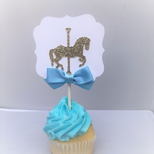 Carousel Horse Cupcake Topper Boy with Baby Blue Ribbon for Baby Showers, Birthday Parties, Baptisms Set of 10