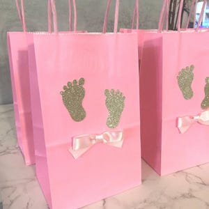 Baby Girl Baby Shower Gift Bags, Candy Bags with Baby Feet Pink & Gold 8.25 x 5.25 inches Set of 12