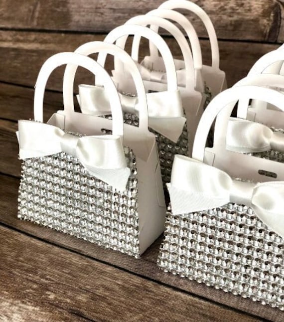 White Bling Diamond Mini Purse Favors With Bows for Baby Showers