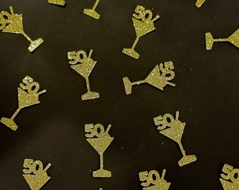 Konfetti na 50. urodziny, złoty brokat, numer 50 na kieliszku do martini, konfetti do drinków na 50. urodziny