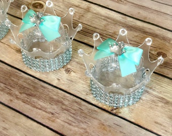 Teal Blue Crown Favor Containers Princess Prince Bling for Birthday Parties, Baby Showers, Bridal Showers, Baptisms Set of 12