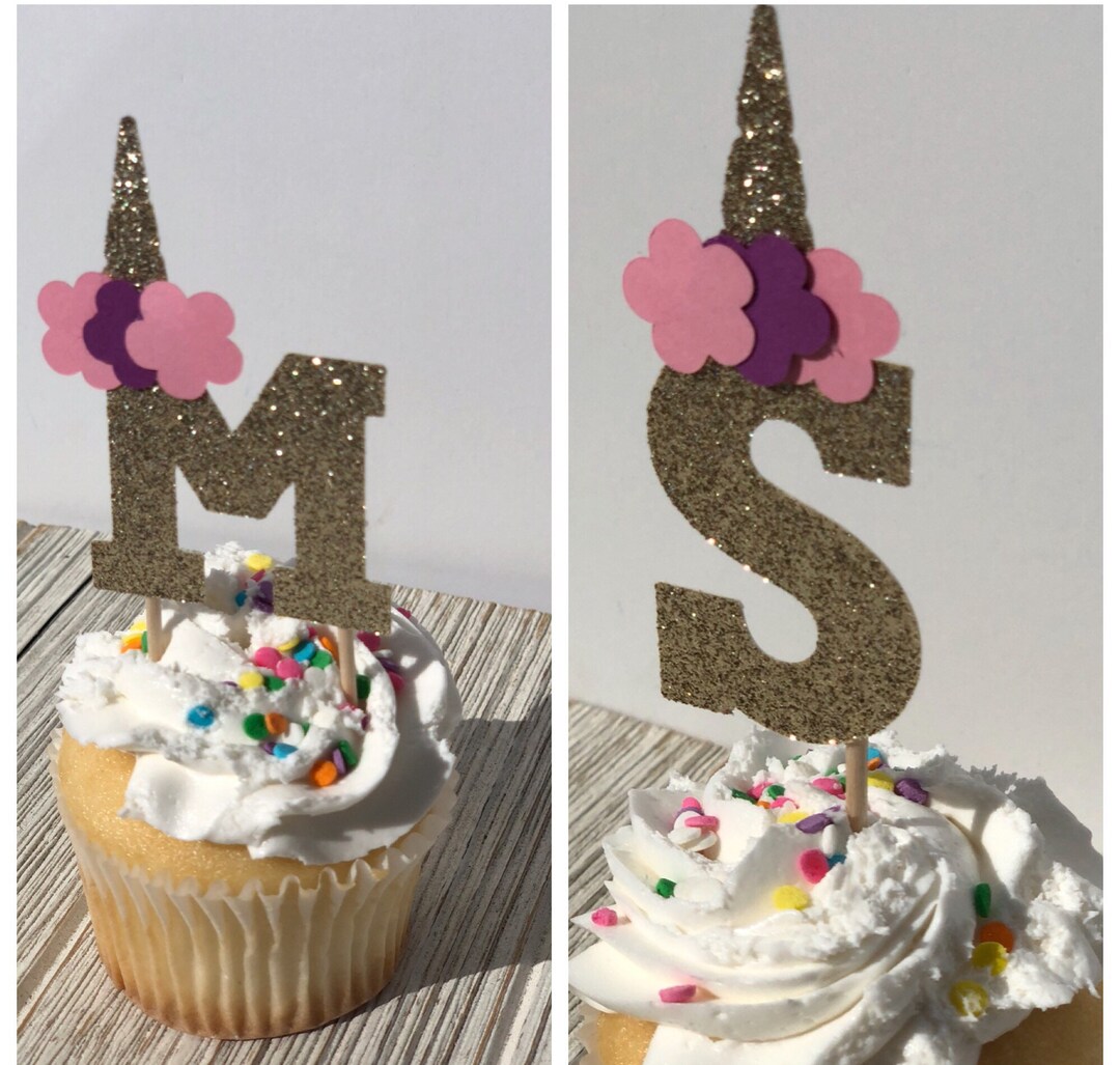 Unicorn Cupcake Toppers Personalized Initial Gold Glitter For Birthdays Baby Showers Parties Unicorn Cupcake Toppers Personalized Initial Gold Glitter For Birthdays Baby Showers Parties