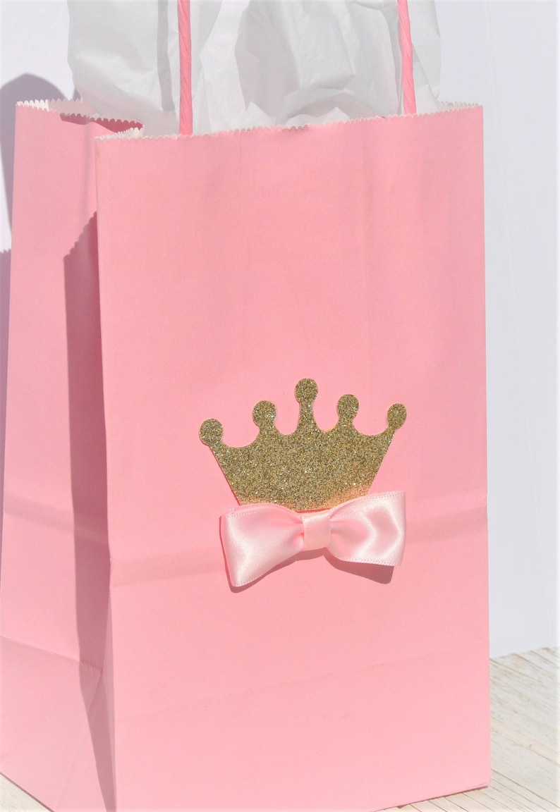 Princess Crown Favor Bag for Candy, Goodies, Treats Pink & Gold w/ Bow for Birthday Parties, Baby Showers, Princess Parties Set of 12 image 3