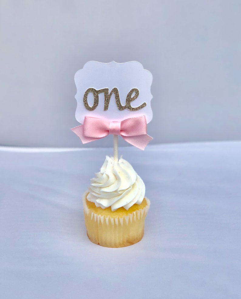 One Cupcake Toppers Pink & Gold With Pink Satin Bow for First Birthday ...