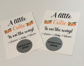A Little Cutie is On the Way Personalized Scratch Off Game for Baby Showers.  Set of 12
